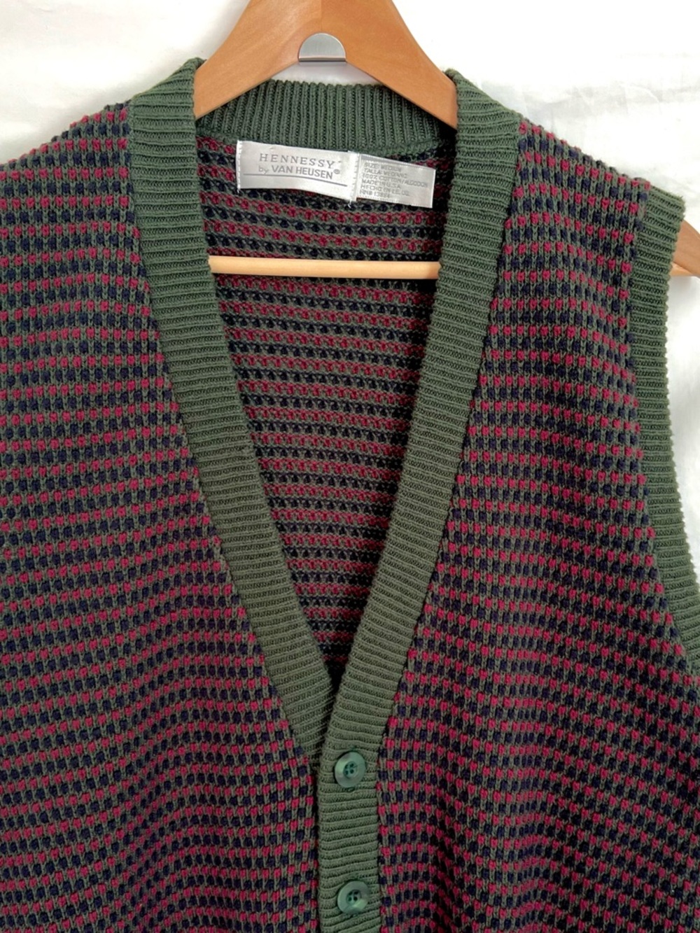 Vintage Van Heusen Olive and Burgundy Knit Cardigan Vest, Size M